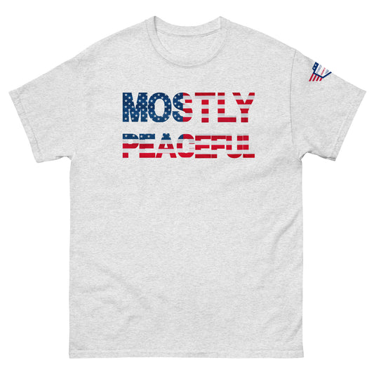 Front view of light grey unisex tee with "Mostly Peaceful" American flag print and US flag sleeve patch
