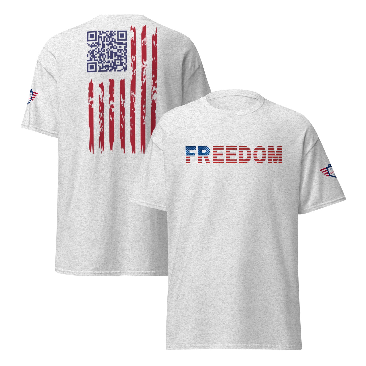 Front and back of white "FREEDOM" tee: patriotic chest text, QR code in stars on flag back for that viral shimmy