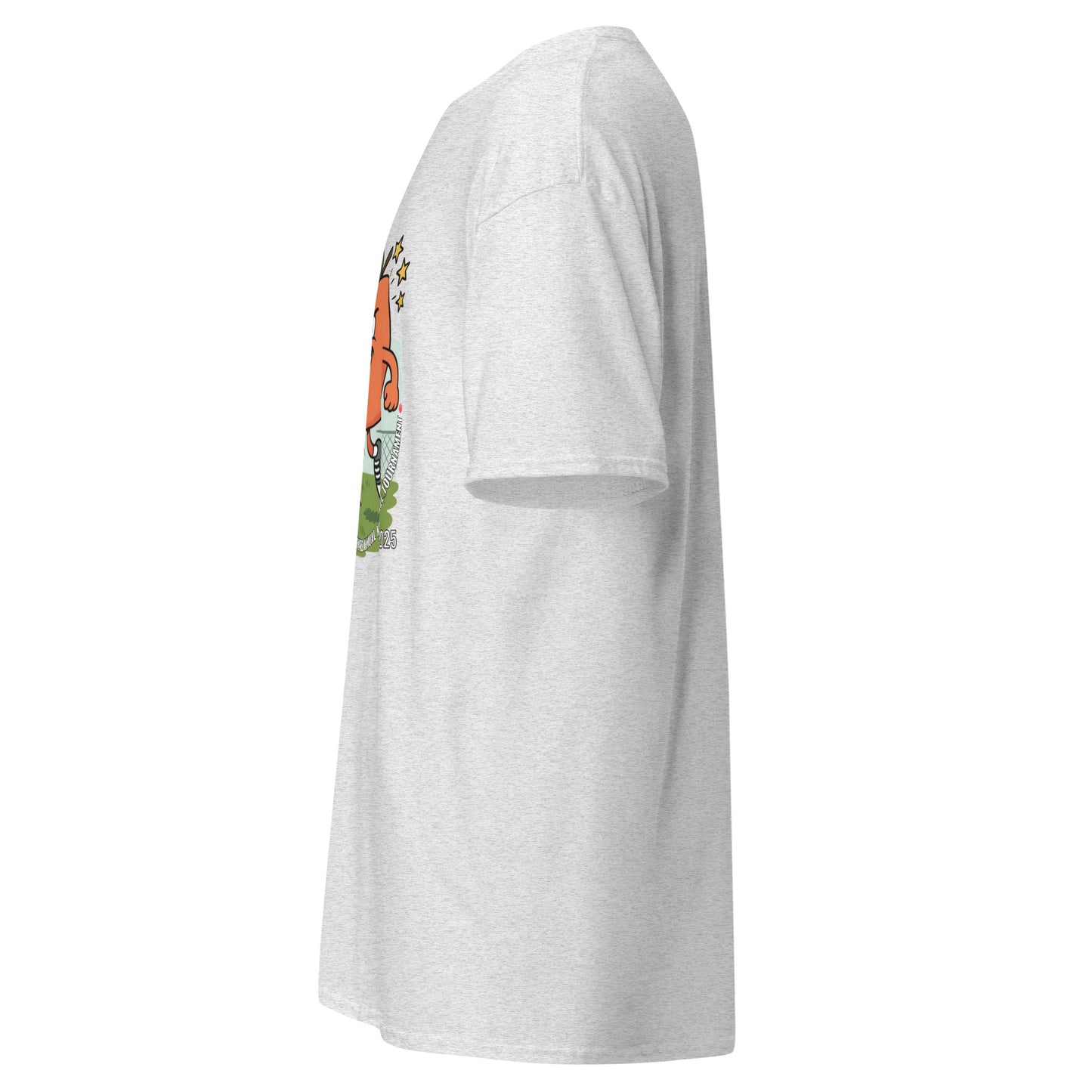 Right side view of light ash gray tee revealing part of front kickball graphic