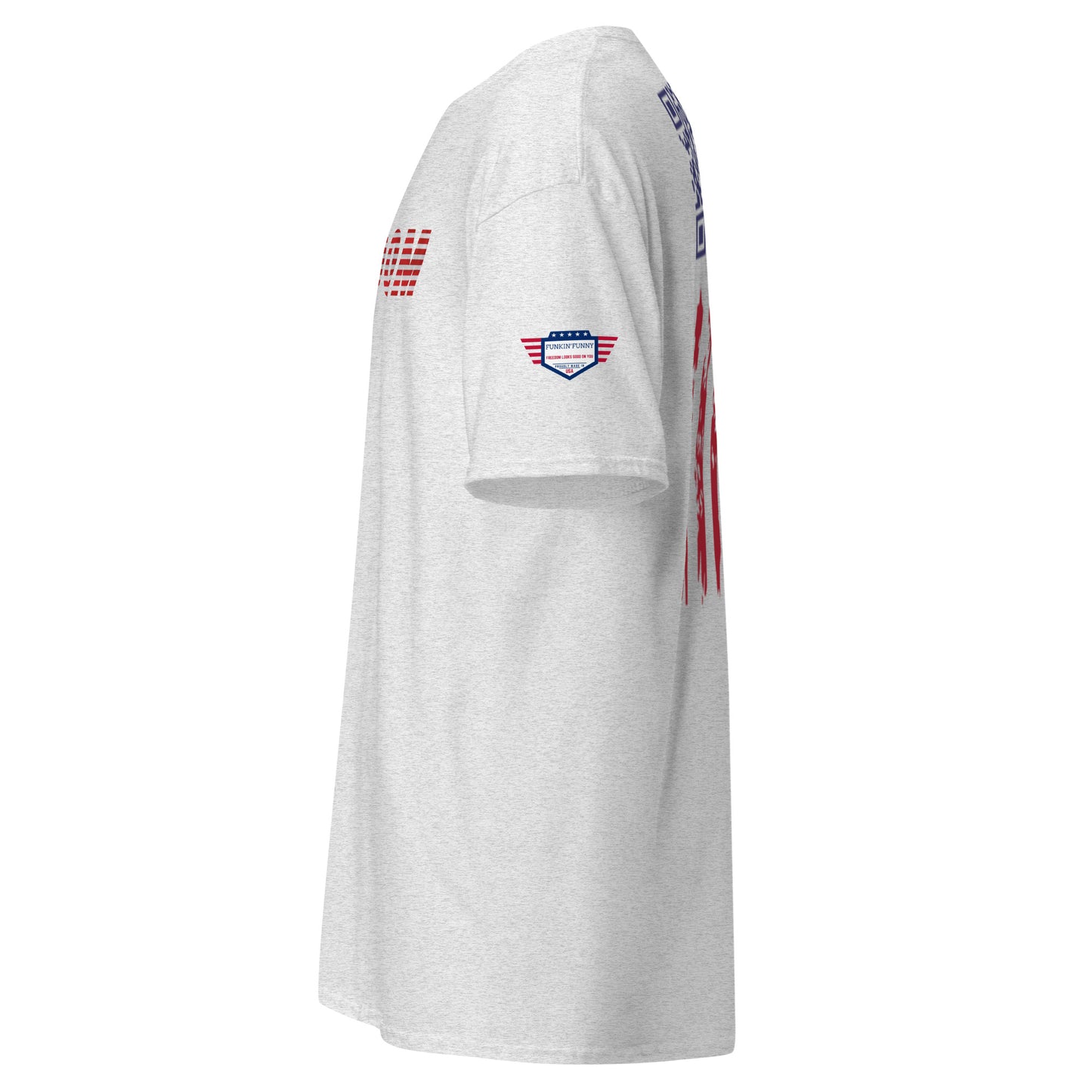 Right side view of light gray FREEDOM tee, showing partial front text, sleeve flag patch, and back stripes