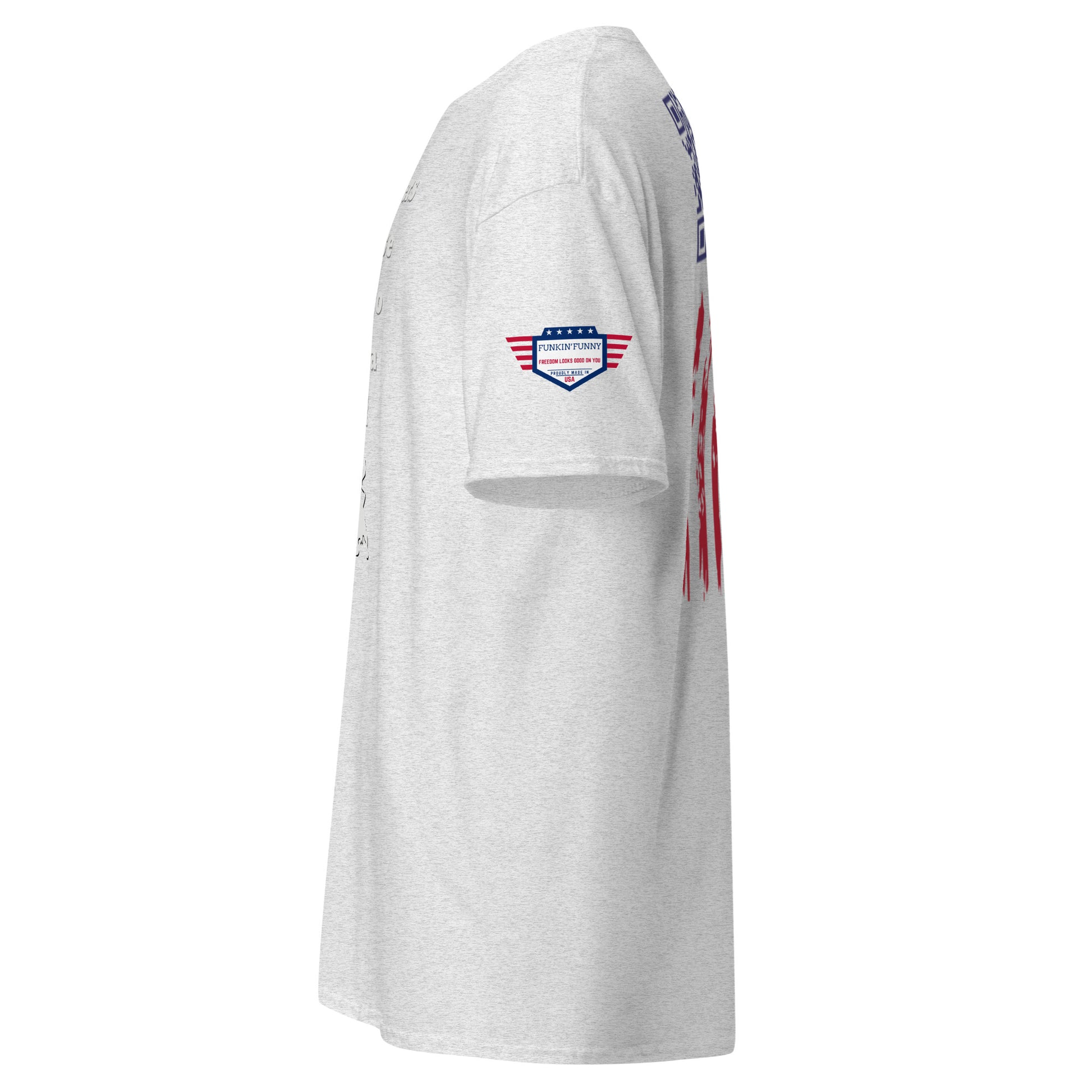 Right side view light gray unisex t-shirt showing eagle USA sleeve patch and back flag stripes