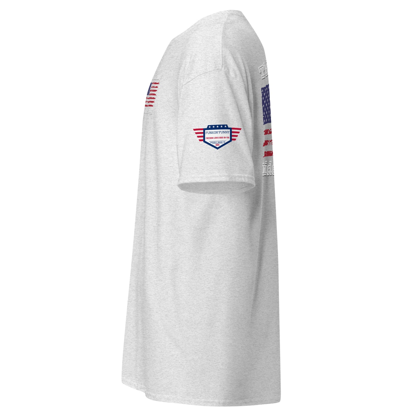 Right side view of heather gray t-shirt showing chest flag and eagle sleeve emblem