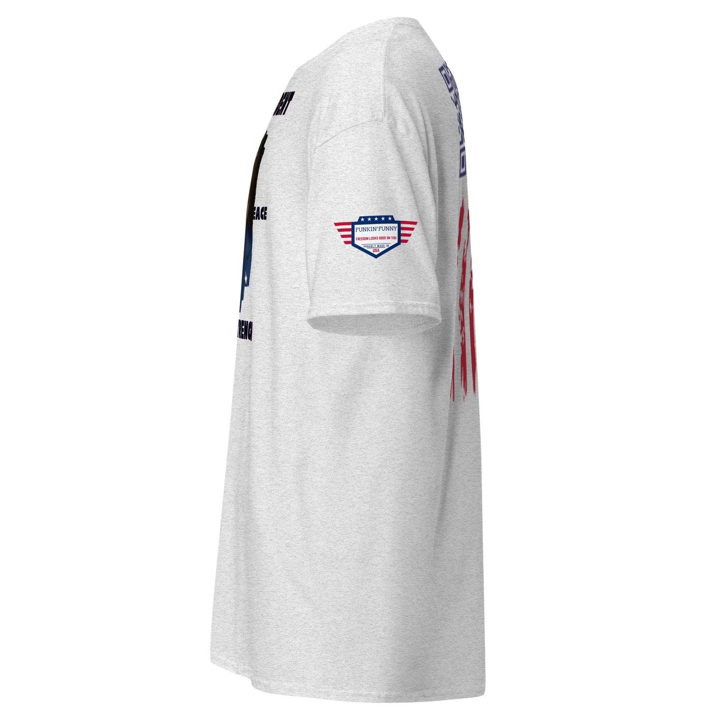 Left side view of ash grey tee highlighting eagle patch and partial flag stripes