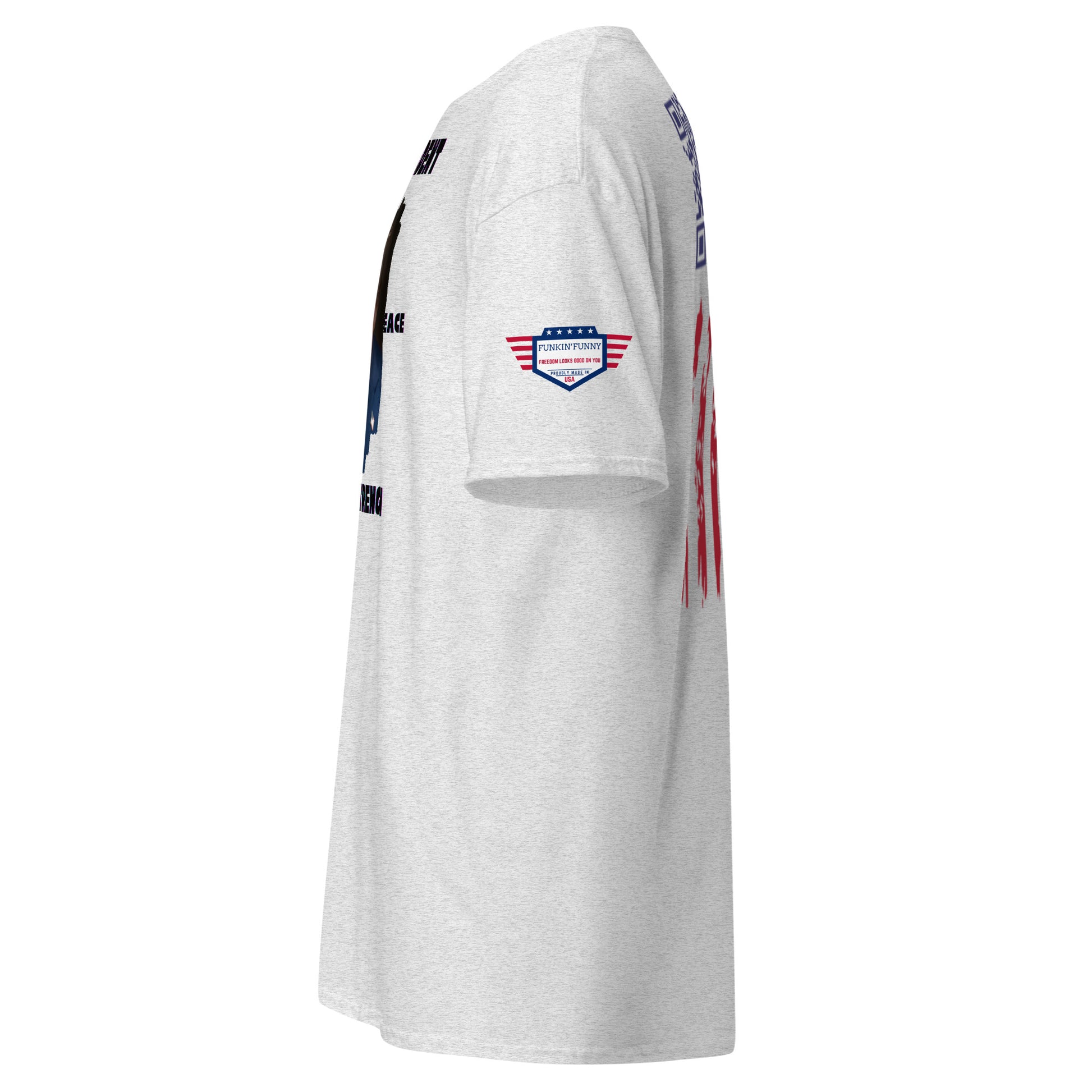 Left side view of ash grey tee highlighting eagle patch and partial flag stripes