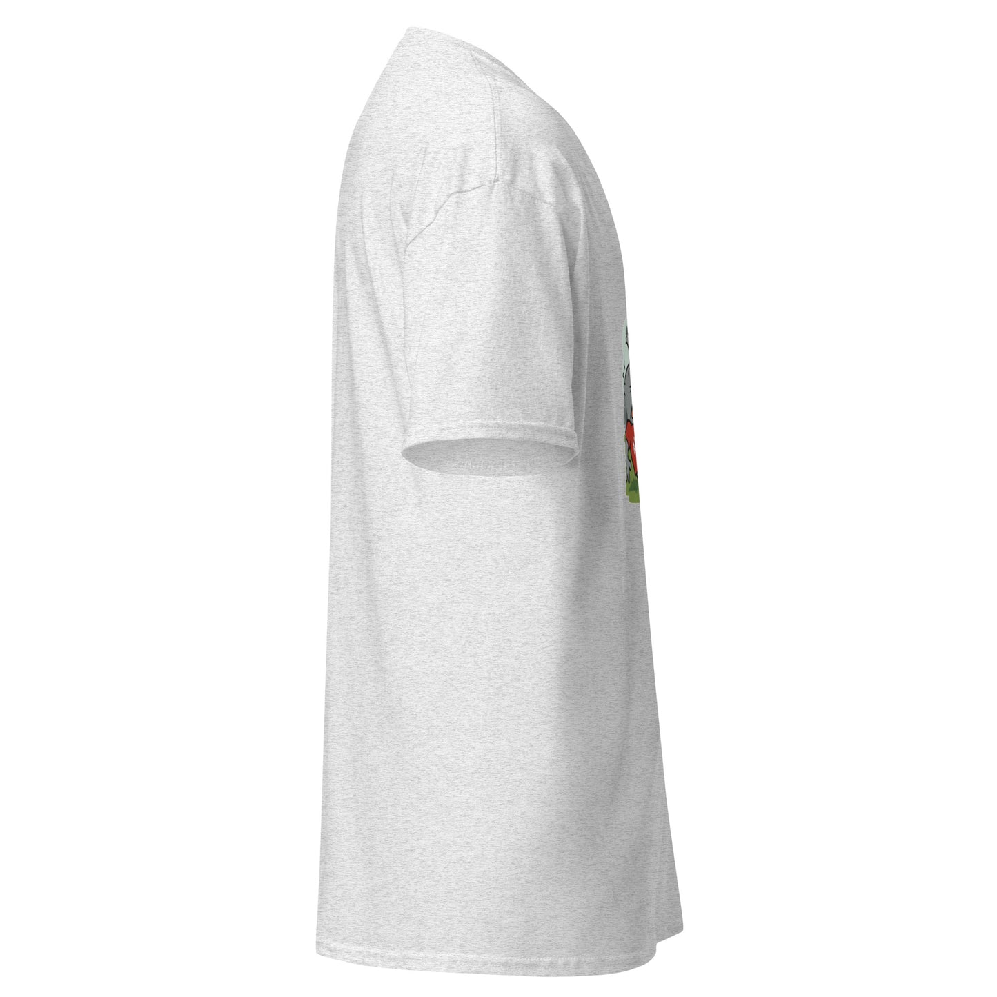 Left side view of light ash gray tee with edge of Georgia peach design visible