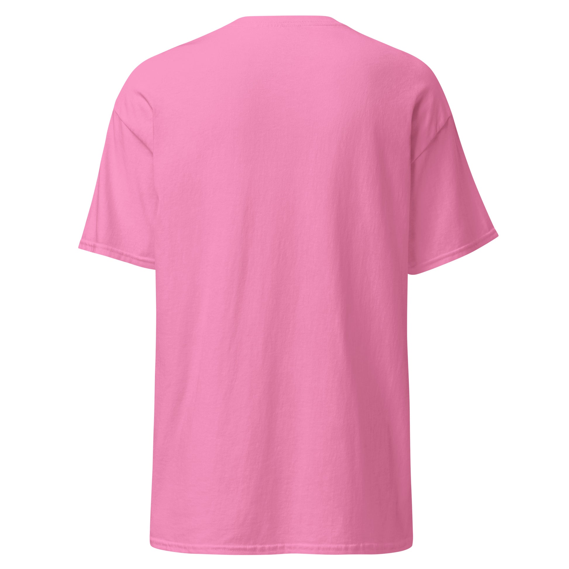 Back view of plain bright pink classic tee, front-only design