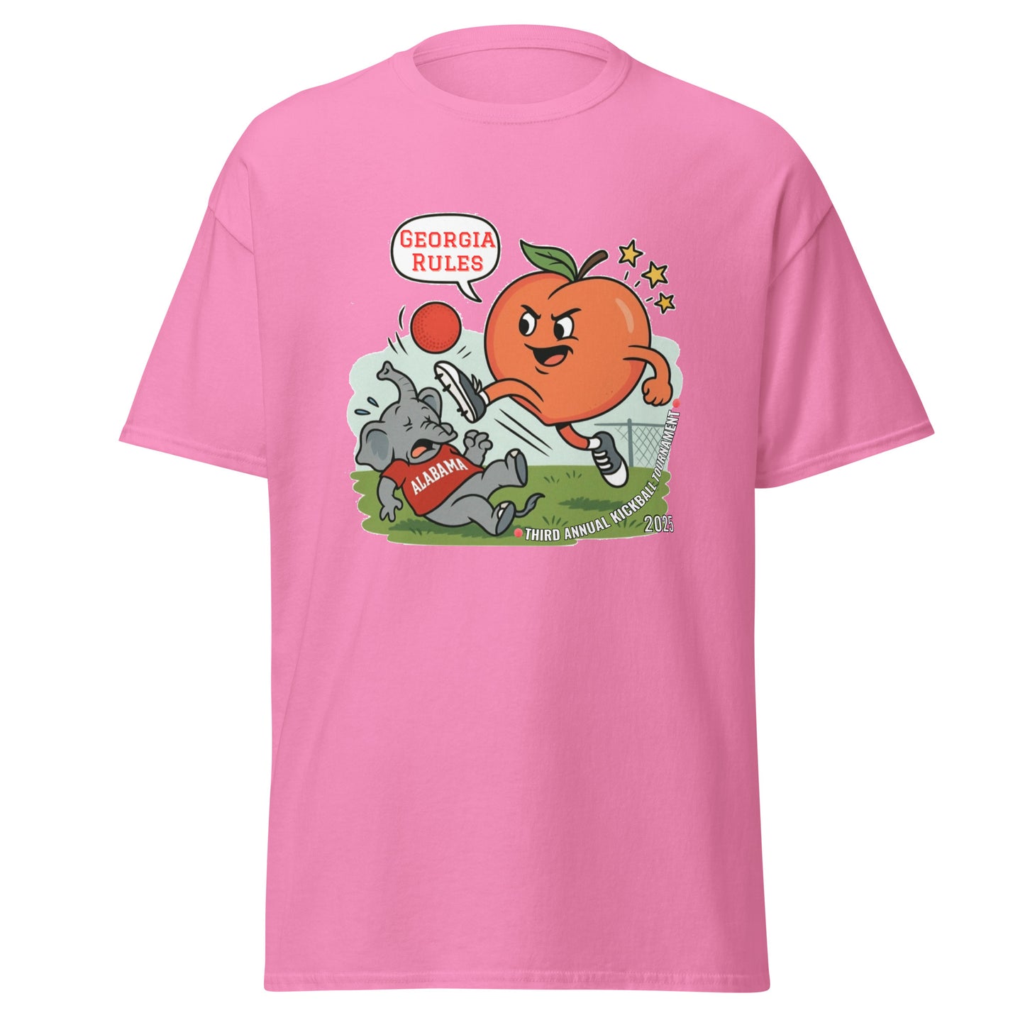 Front view of bright pink classic tee with cartoon Georgia peach kicking Alabama elephant, "Georgia Rules" text, Third Annual Kickball Tournament print