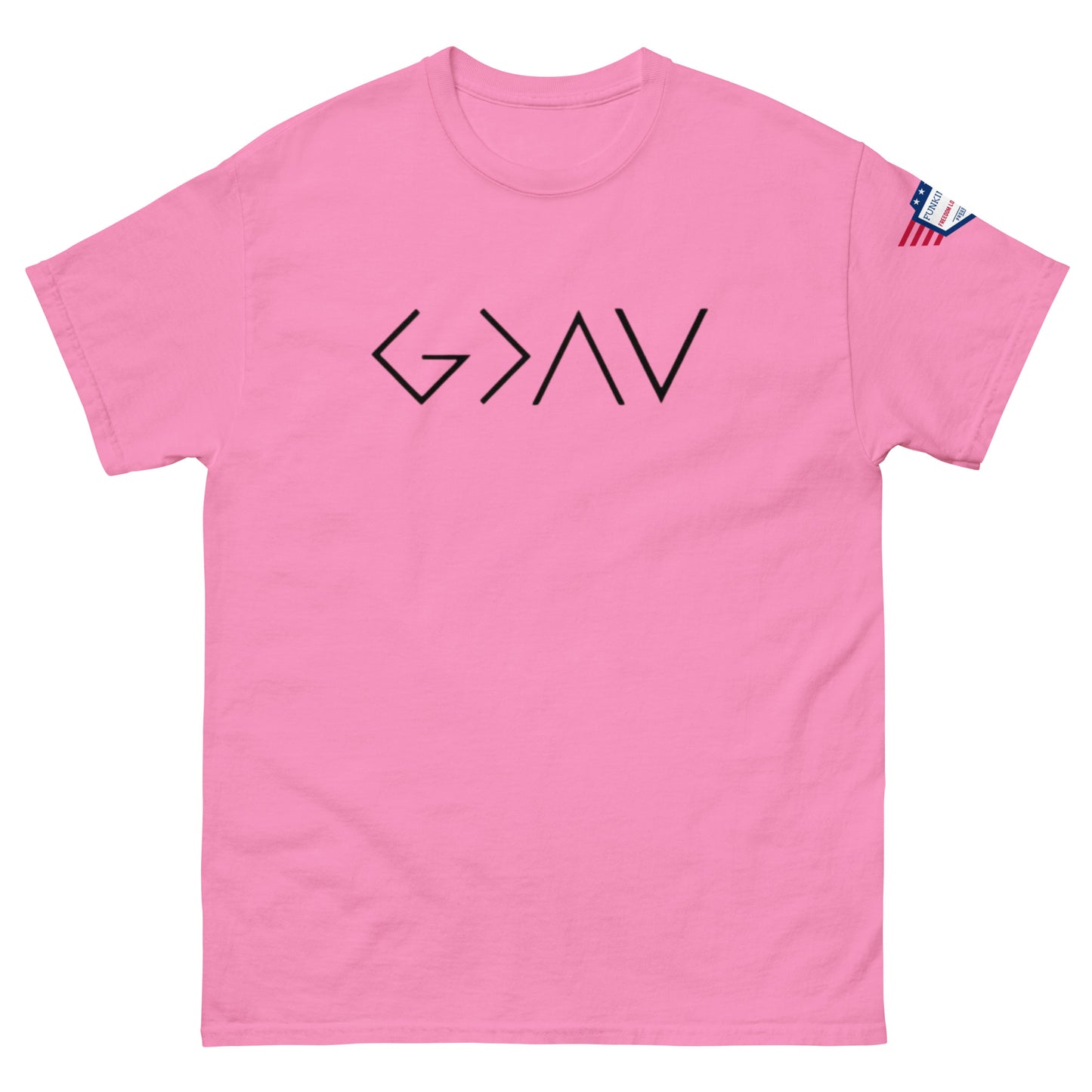 Front view of pink unisex t-shirt with bold black "God > All" print and US flag sleeve patch