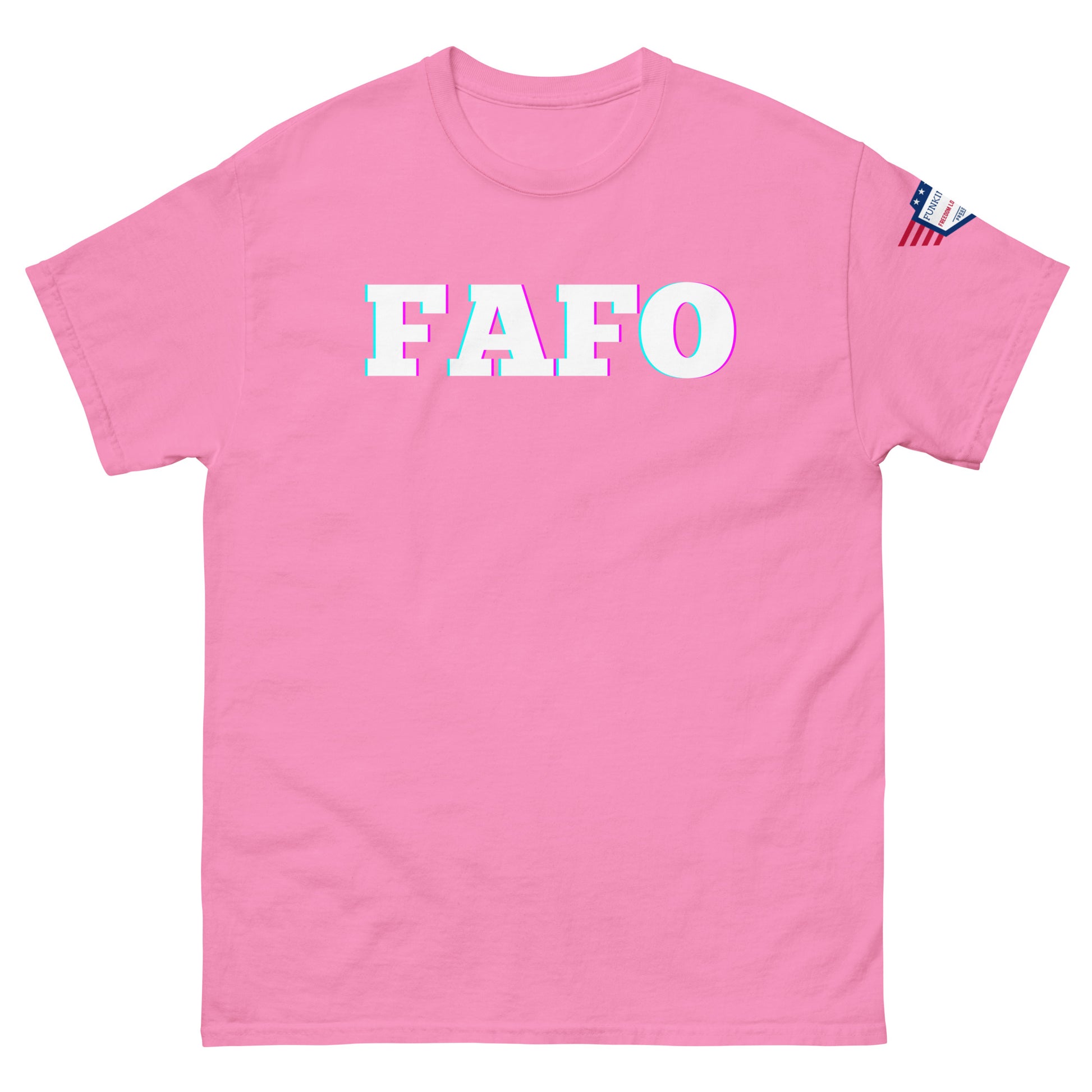 Front view of light pink unisex t-shirt with bold glitch "FAFO" graphic in white/cyan/magenta and flag patch