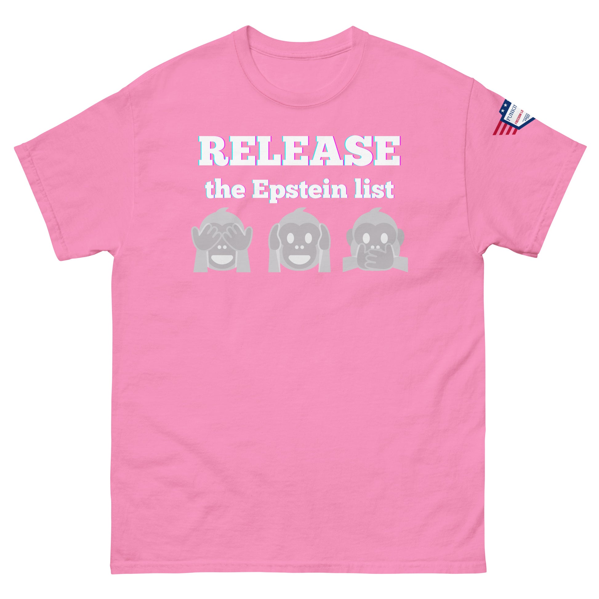 Pink unisex tee front view, glowing "RELEASE THE EPSTEIN LIST" print with gray monkey emojis, US flag sleeve patch