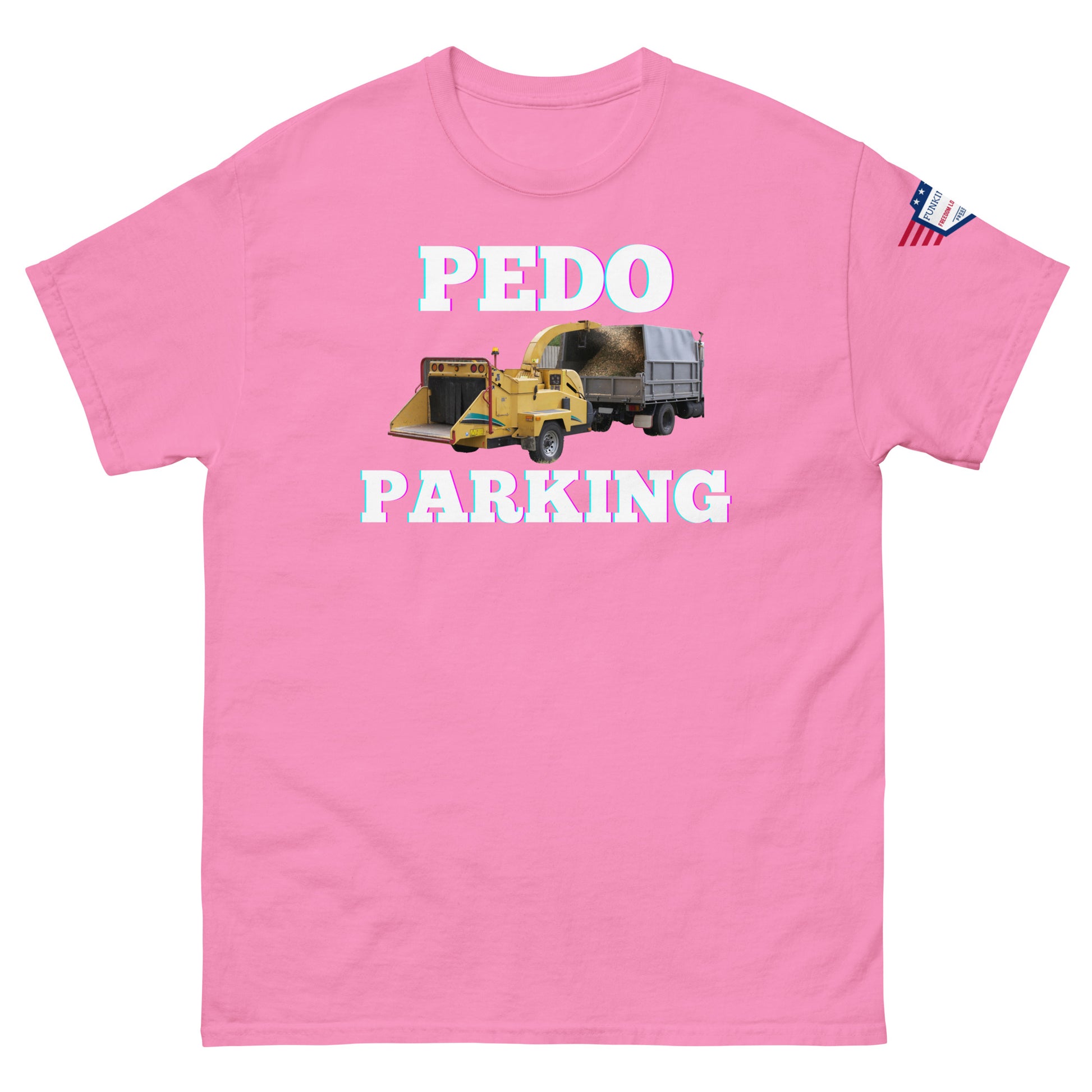 Front view of pink tee rocking "PEDODO PARKING" yellow truck graphic and American flag sleeve patch