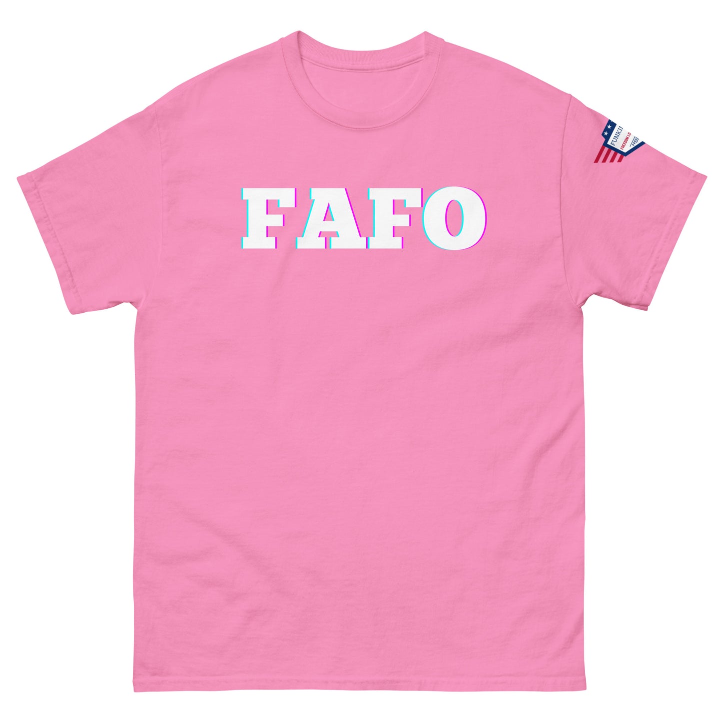 Front view of hot pink unisex tee rocking glitchy "FAFO" graphic in white/cyan/magenta plus flag on sleeve