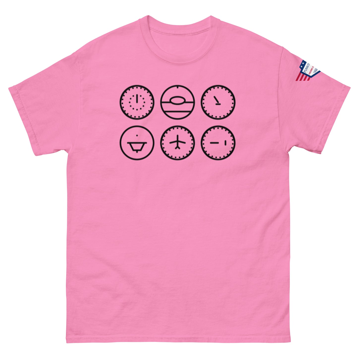 Front view of hot pink unisex t-shirt featuring six black line-art clock faces with emoji vibes, flag label