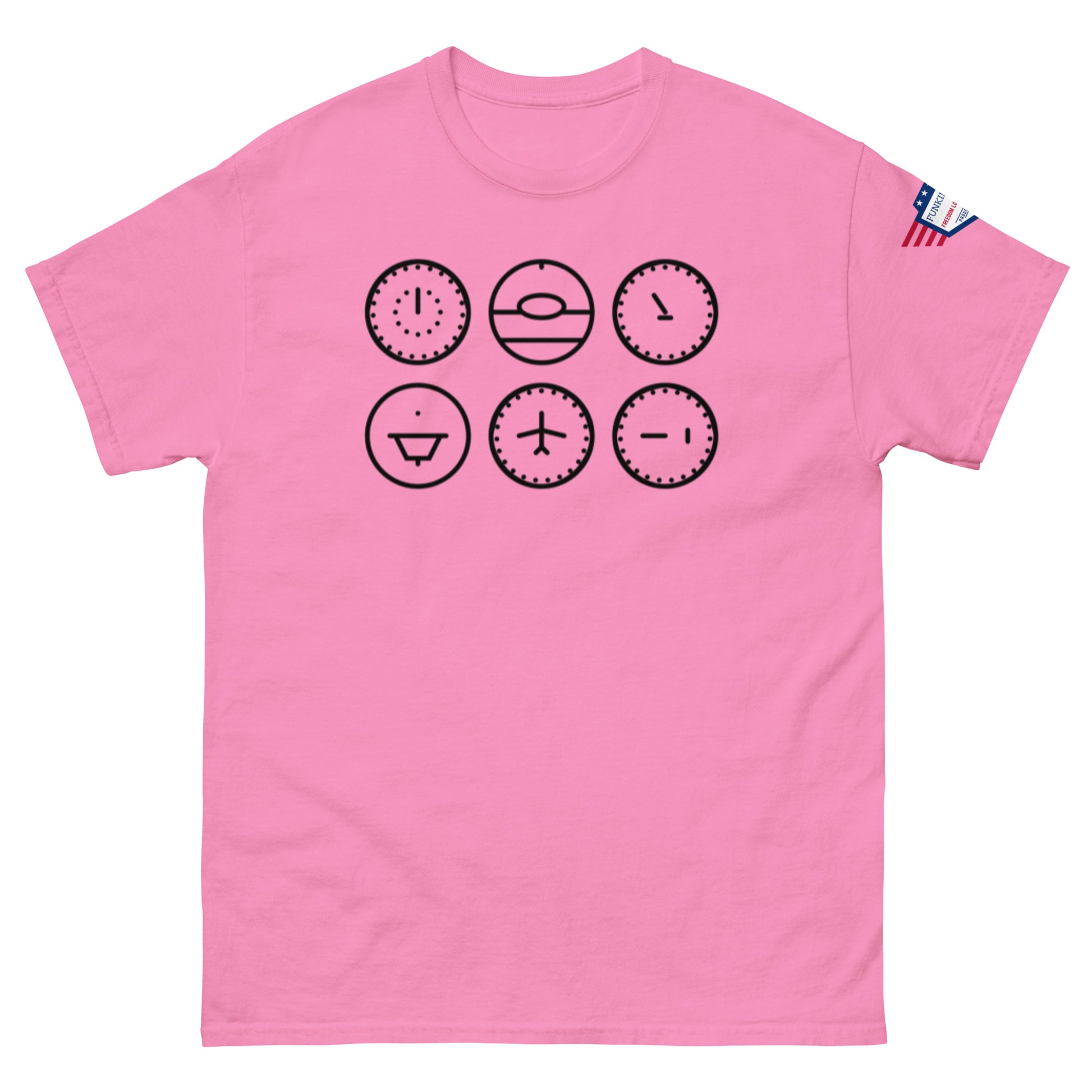 Front view of hot pink unisex t-shirt featuring six black line-art clock faces with emoji vibes, flag label