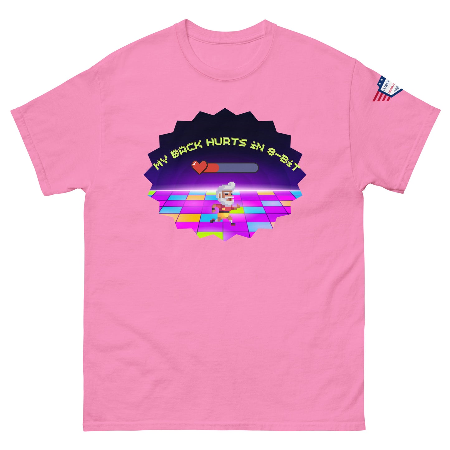 Front view of hot pink unisex tee featuring "My Back Hurts 98%" retro chef dancing on neon floor, USA sleeve patch