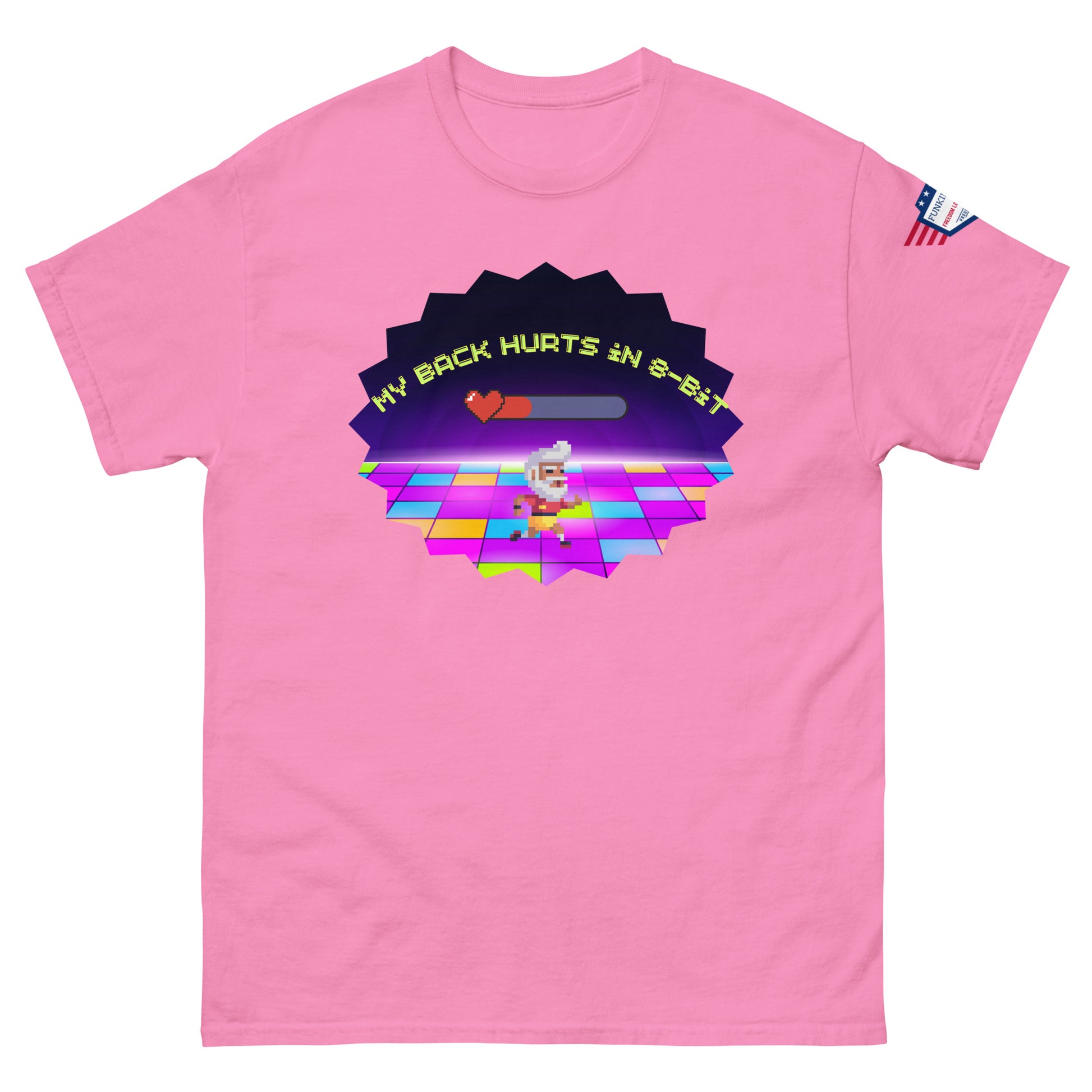 Front view of hot pink unisex tee featuring "My Back Hurts 98%" retro chef dancing on neon floor, USA sleeve patch