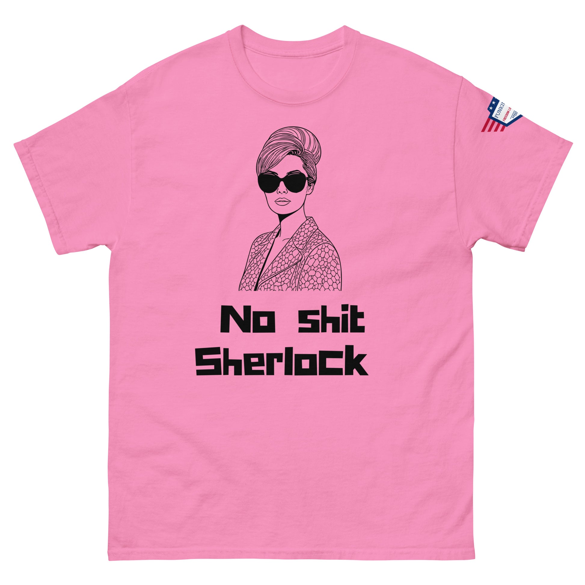 Front view of hot pink unisex tee rocking shady diva sketch and "No shit Sherlock" text