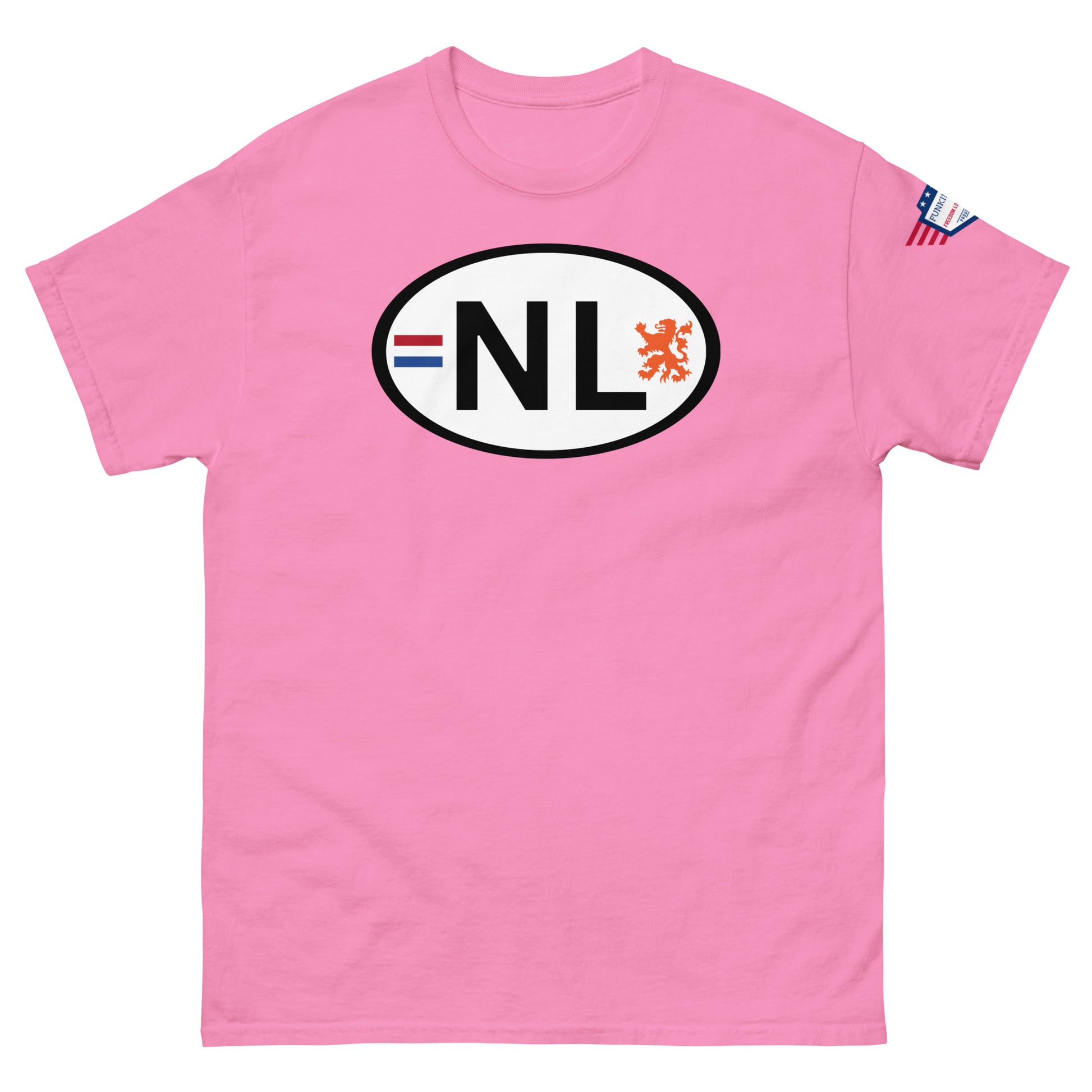 Front view of hot pink unisex tee rocking white NL Dutch lion license plate design, USA sleeve patch