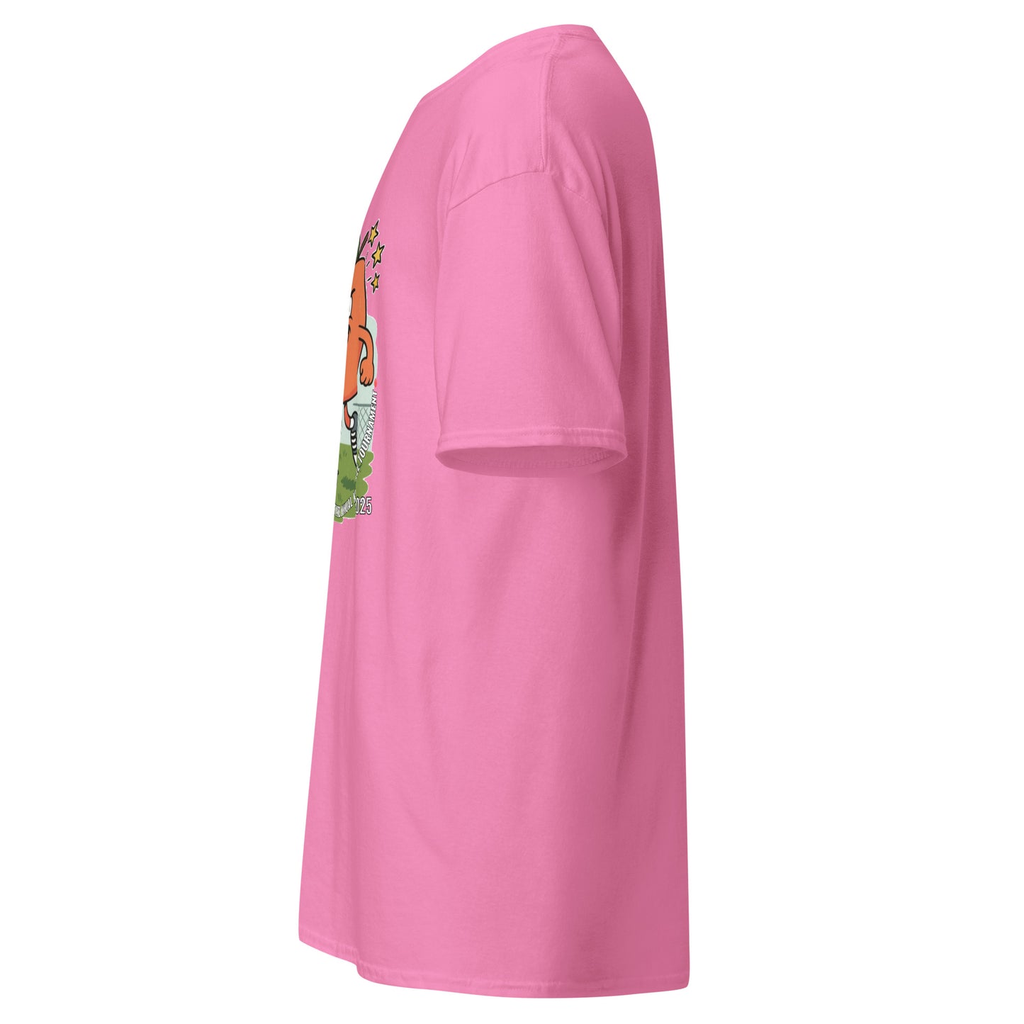 Right side view of bright pink tee showing partial Georgia peach kickball design