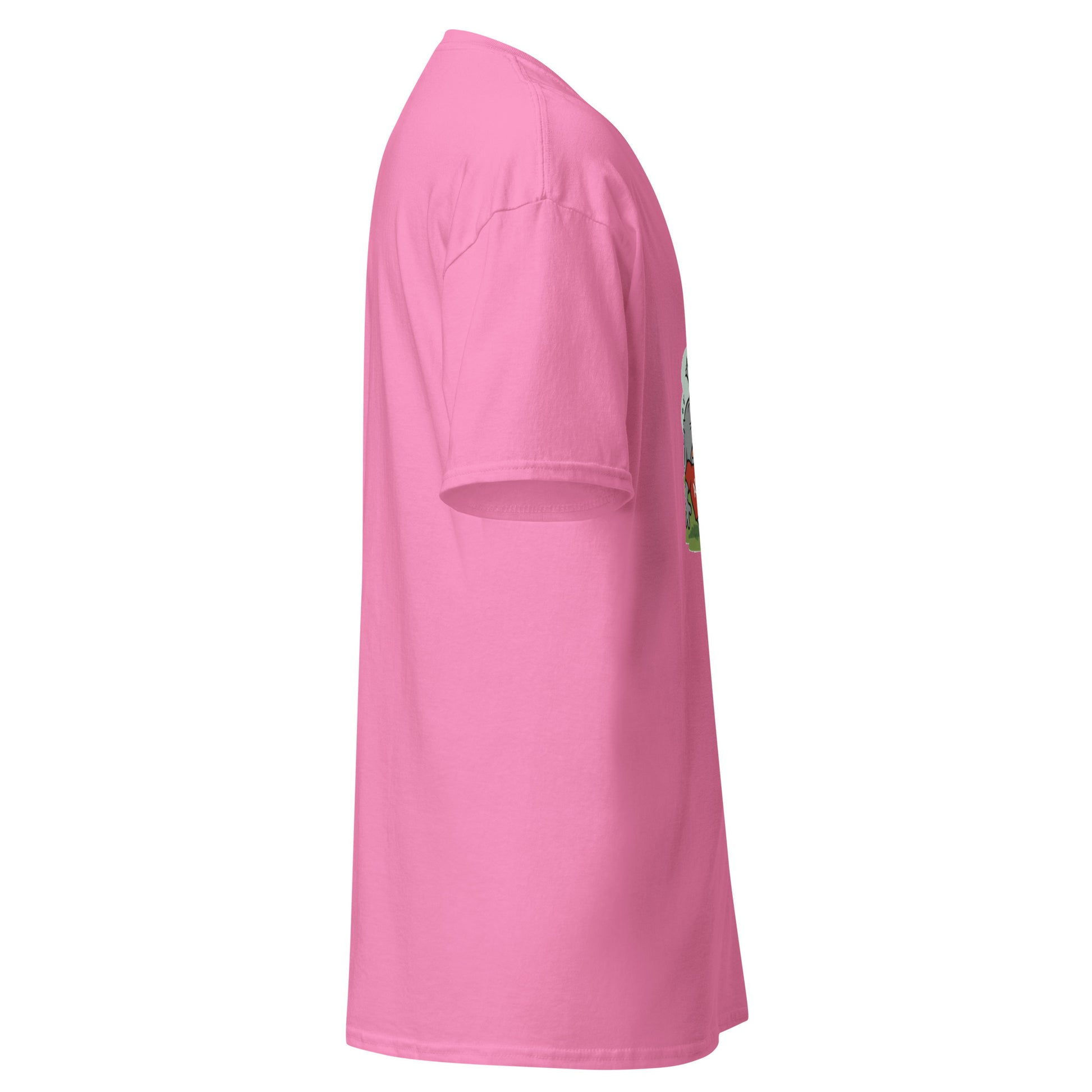 Left side view of bright pink tee with edge of kickball tournament graphic
