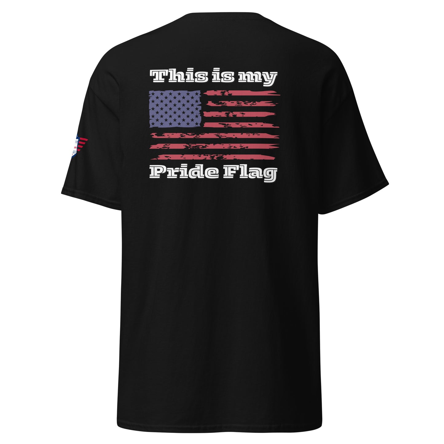 Back view of black t-shirt featuring large distressed American flag print with "This is my Pride Flag" arched around it