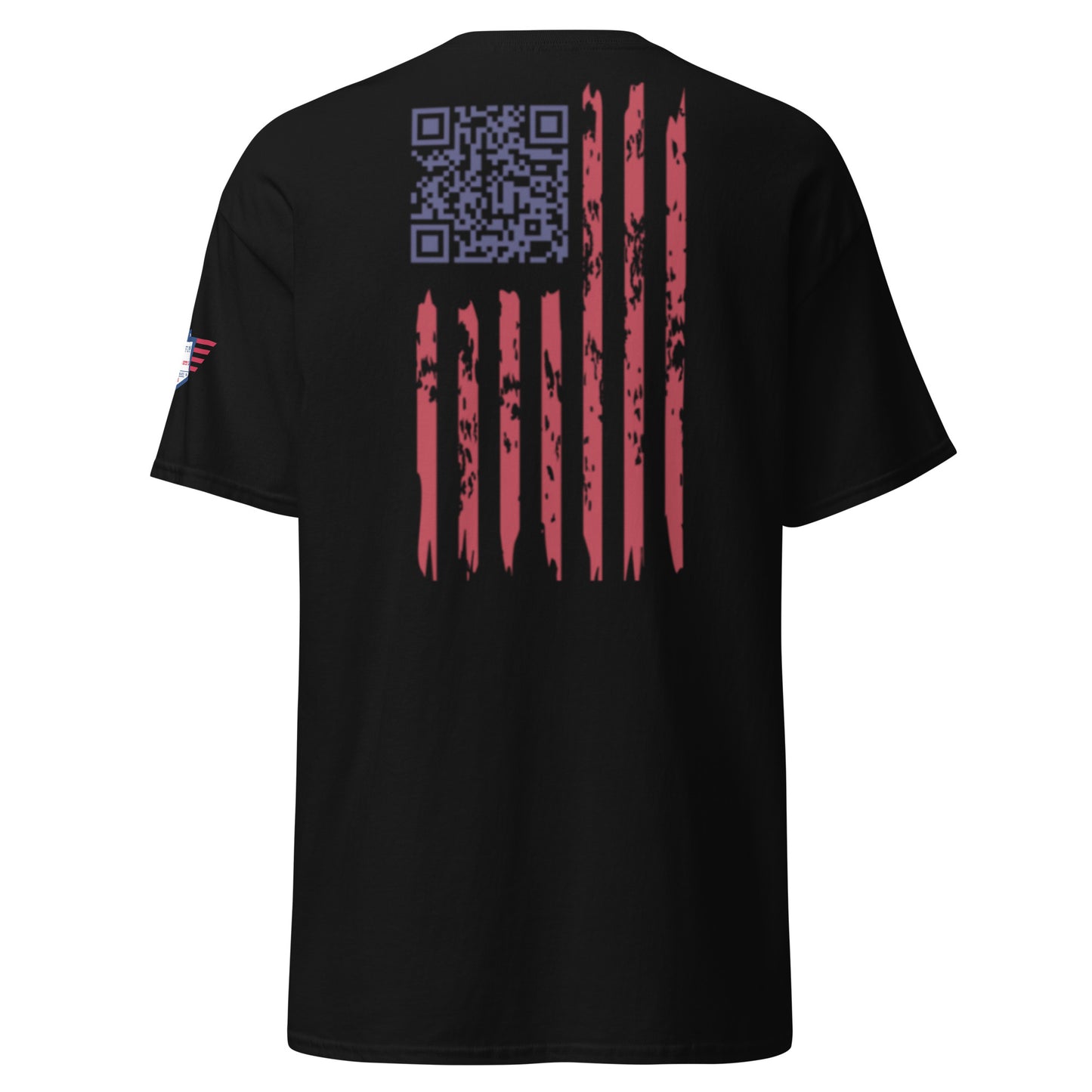 Back view of black t-shirt showing purple QR code over distressed red-white US flag stripes