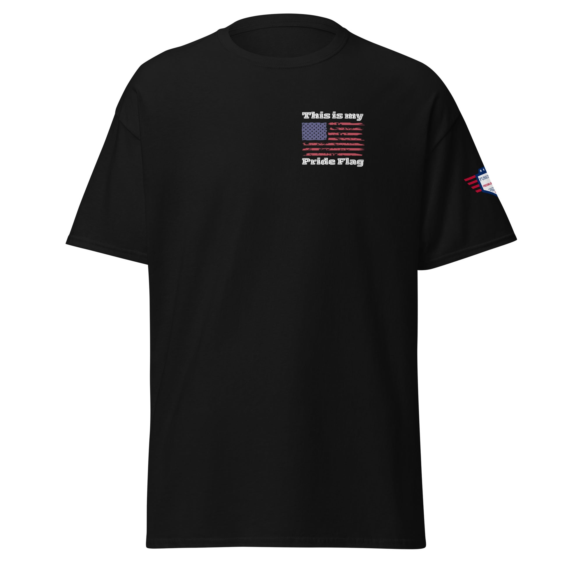 Front view of black unisex t-shirt with "This is my Pride Flag" text and small US flag badge on left chest