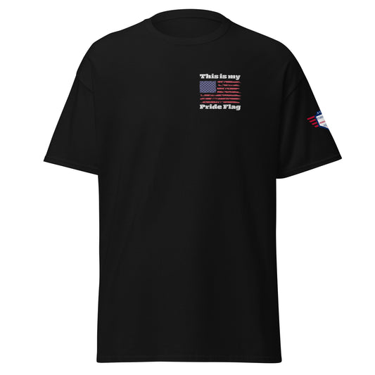 Front view of black unisex t-shirt with "This is my Pride Flag" text and small US flag badge on left chest