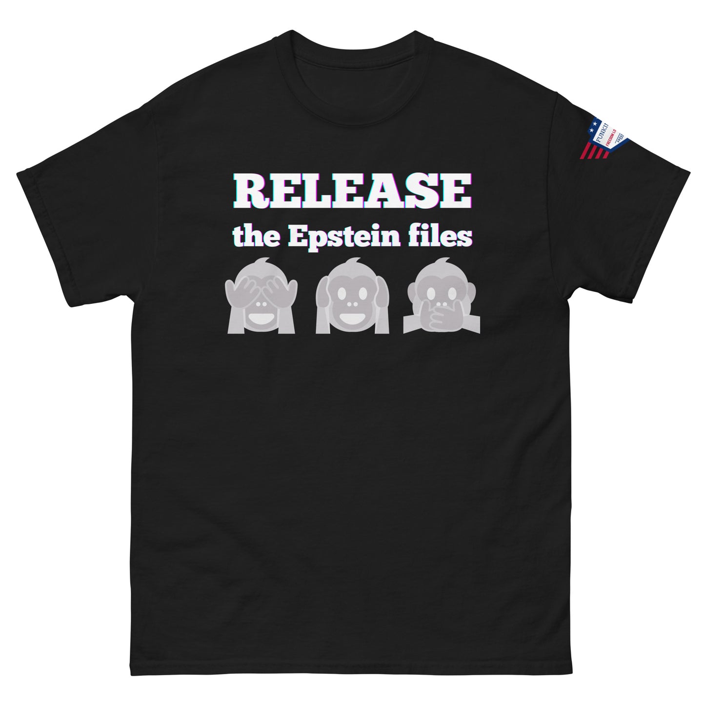 Front view of black unisex t-shirt with glowing "RELEASE the Epstein files" and shady gray monkey emojis, flag shoulder patch