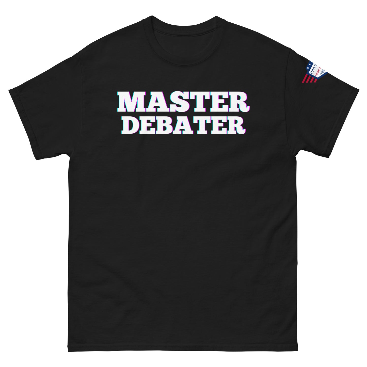 Front view of black unisex tee with white "MASTER DEBATER" glow letters and small US flag sleeve label