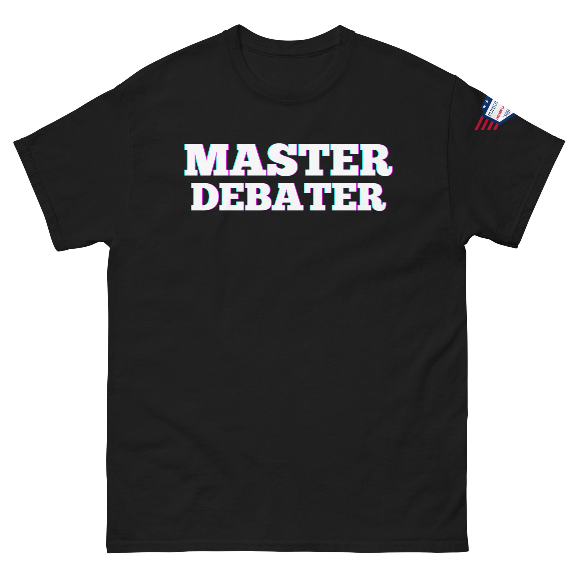 Front view of black unisex tee with white "MASTER DEBATER" glow letters and small US flag sleeve label