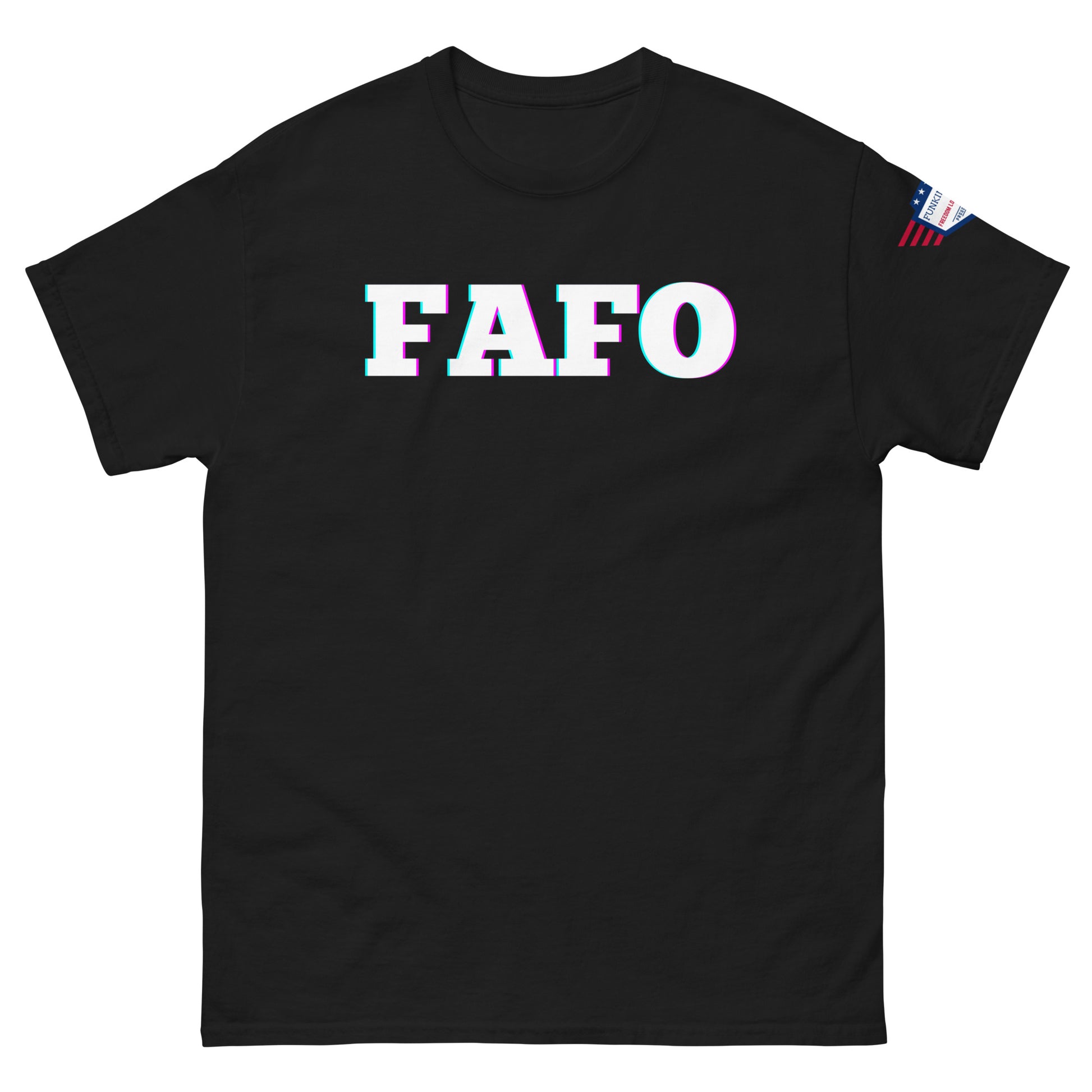 Front view of black unisex t-shirt featuring glitchy "FAFO" print in white/cyan/magenta glow and US flag sleeve