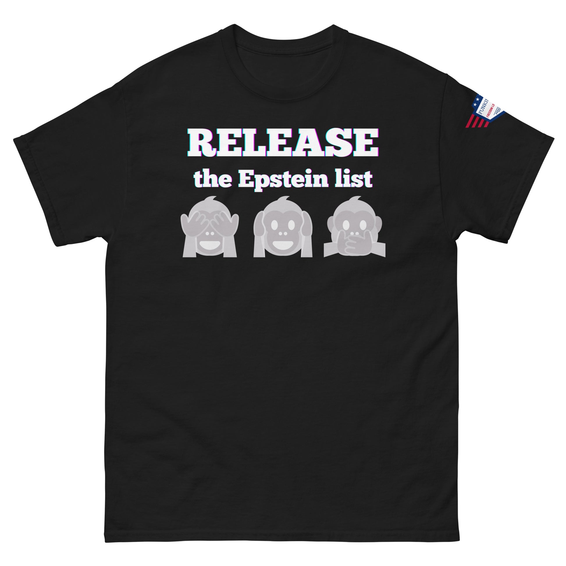 Black unisex tee front view, glowing "RELEASE THE EPSTEIN LIST" print with gray monkey emojis, US flag sleeve patch