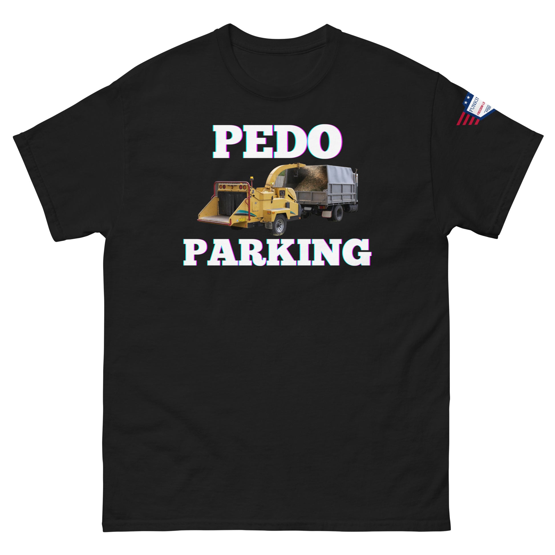 Front view of black tee with bold "PEDODO PARKING" loader meme and USA flag on sleeve