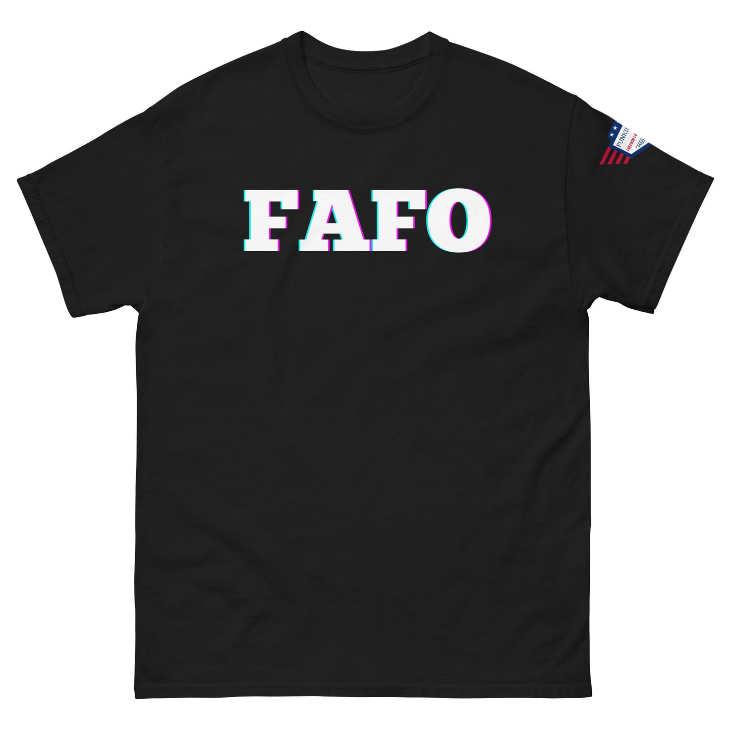 Front view of black unisex t-shirt with glowing "FAFO" meme print in white/cyan/magenta and flag sleeve detail