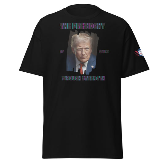 Front view of black t-shirt with rainbow "THE PRESIDENT", Trump portrait, "of Peace Through Strength" print