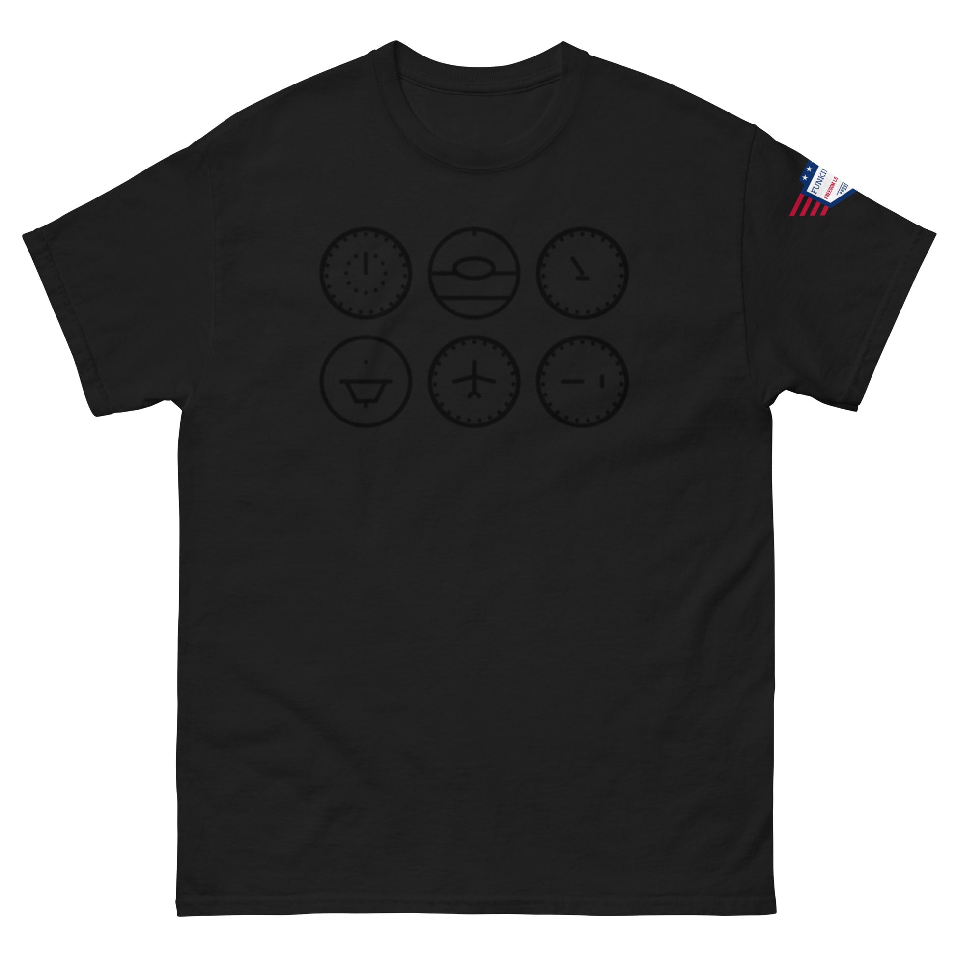 Front view of black unisex t-shirt with subtle black outline clock emoji grid, US flag on sleeve