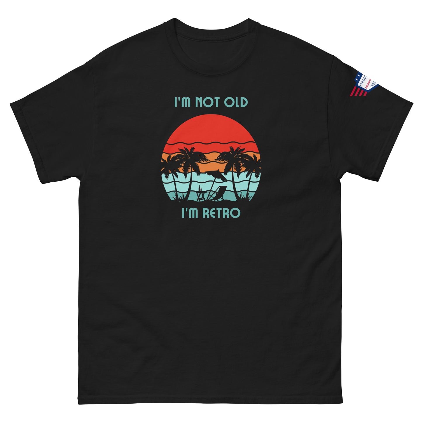 Front view of black unisex t-shirt with cyan "I'm not old I'm retro" text and vibrant sunset hammock graphic, US flag patch