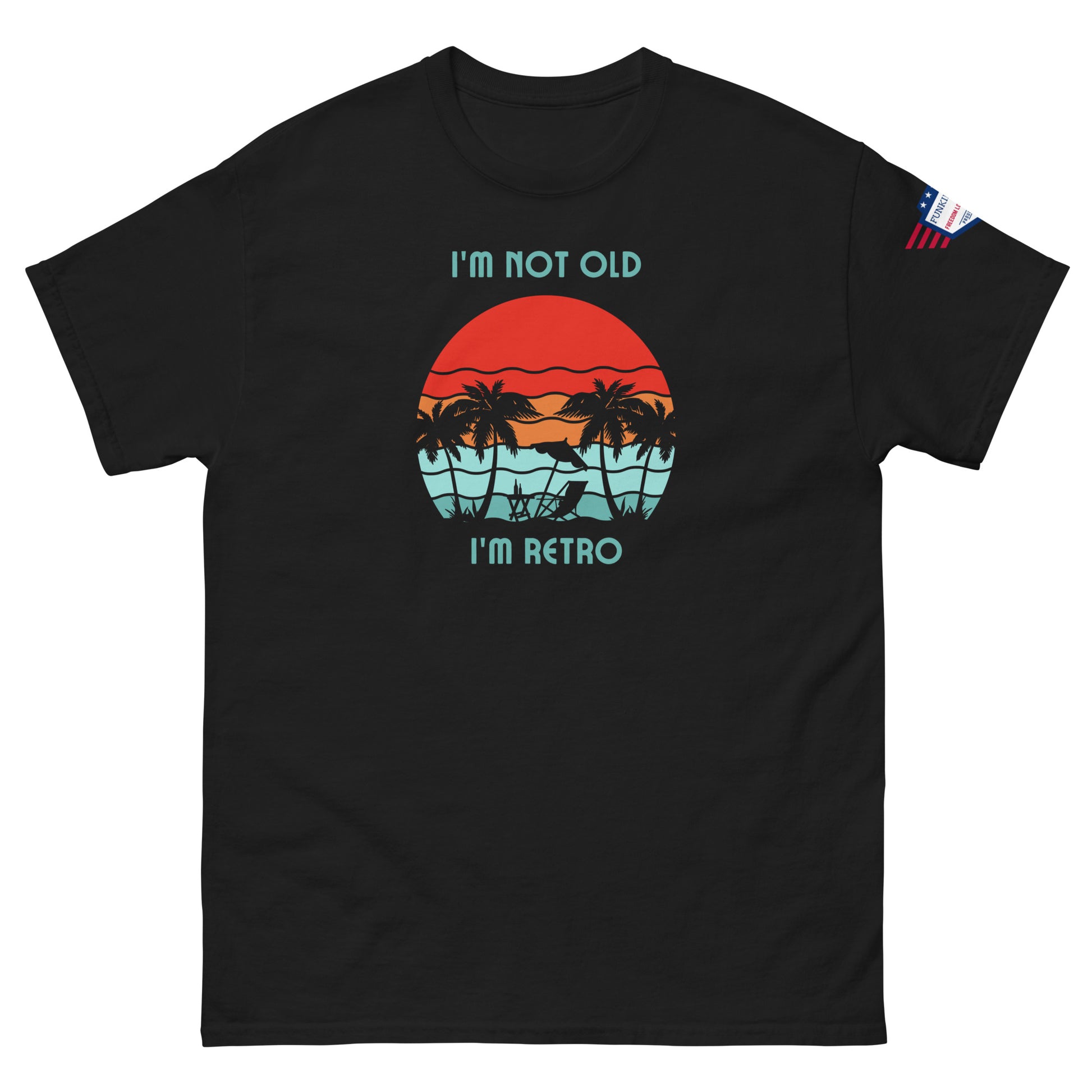 Front view of black unisex t-shirt with cyan "I'm not old I'm retro" text and vibrant sunset hammock graphic, US flag patch