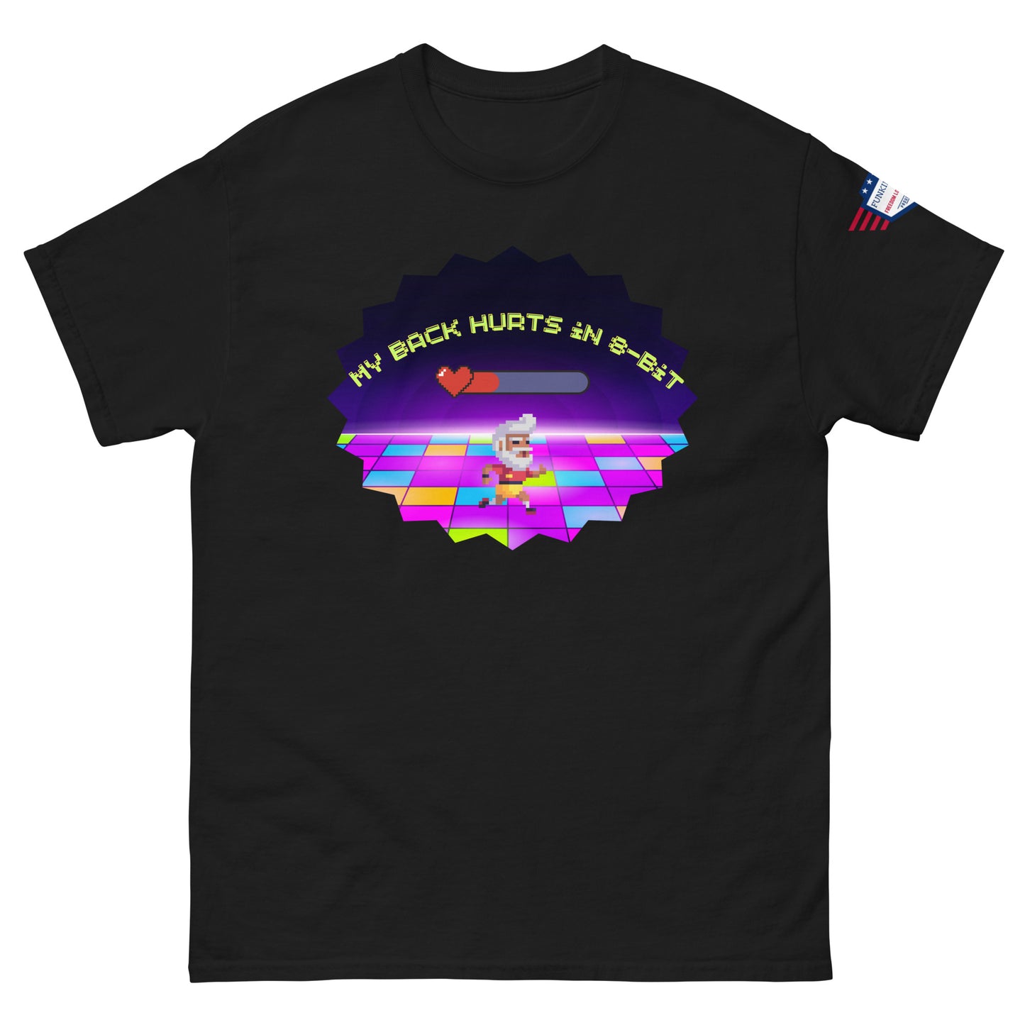 Front view of black unisex tee with glowing "My Back Hurts 98%" vaporwave chef meme and USA flag sleeve patch