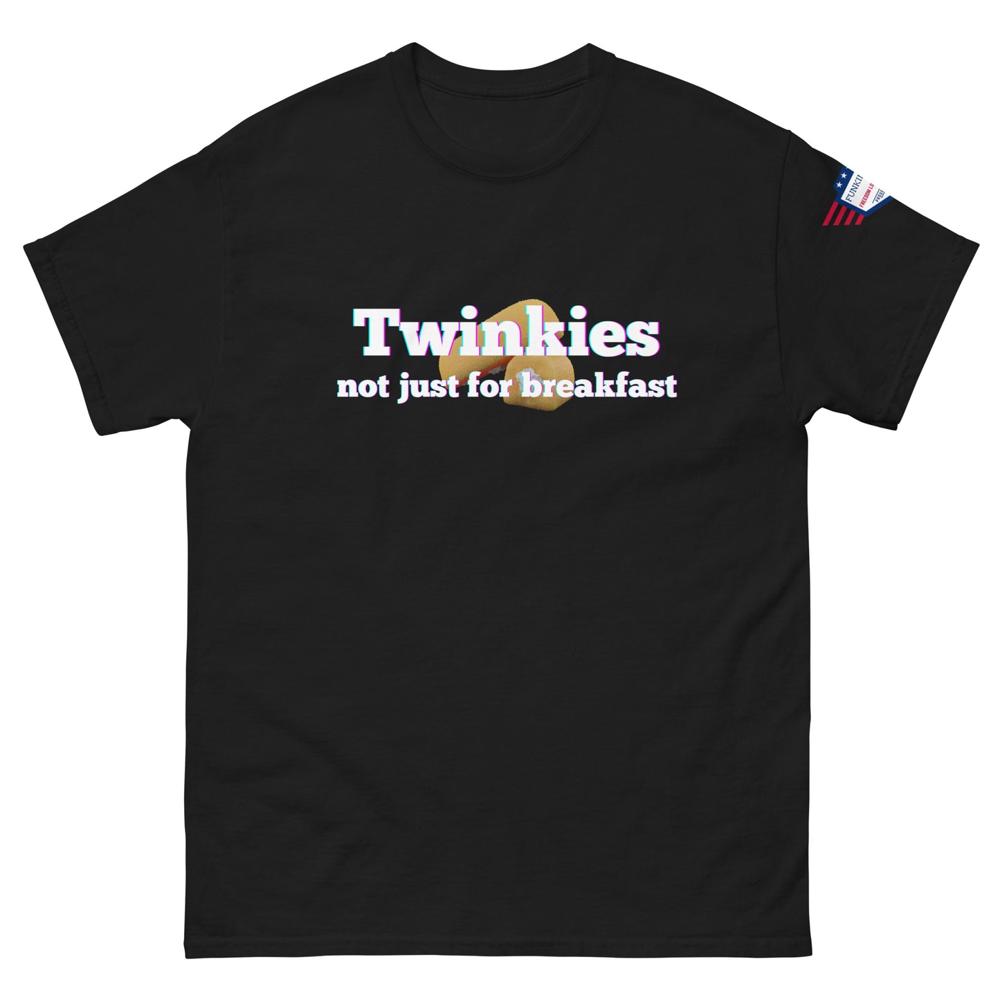 Front view of black unisex tee with rainbow "Twinkies" over Twinkie graphic and white "not just for breakfast" text, flag sleeve patch