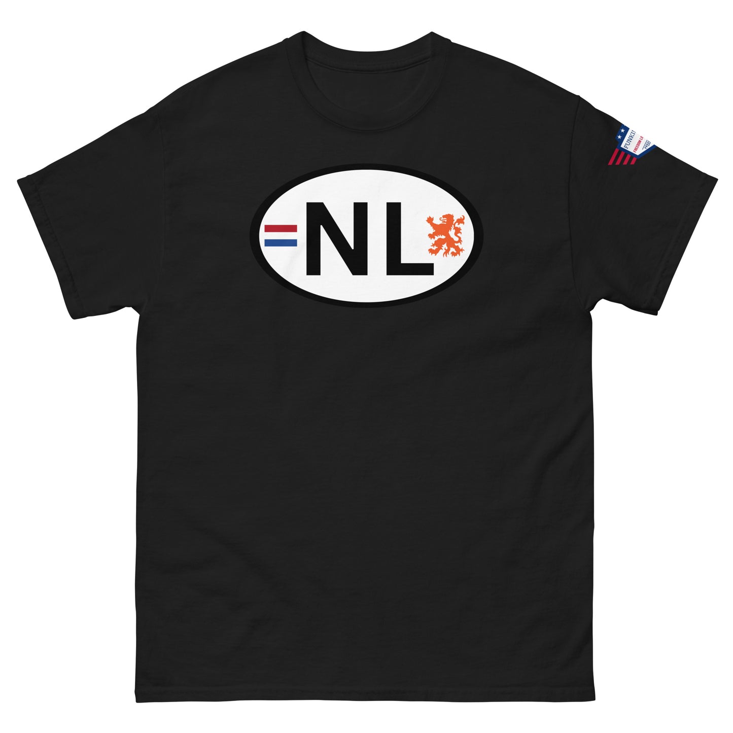 Front view of black unisex classic tee with crisp white NL lion oval print, stars-and-stripes sleeve tag