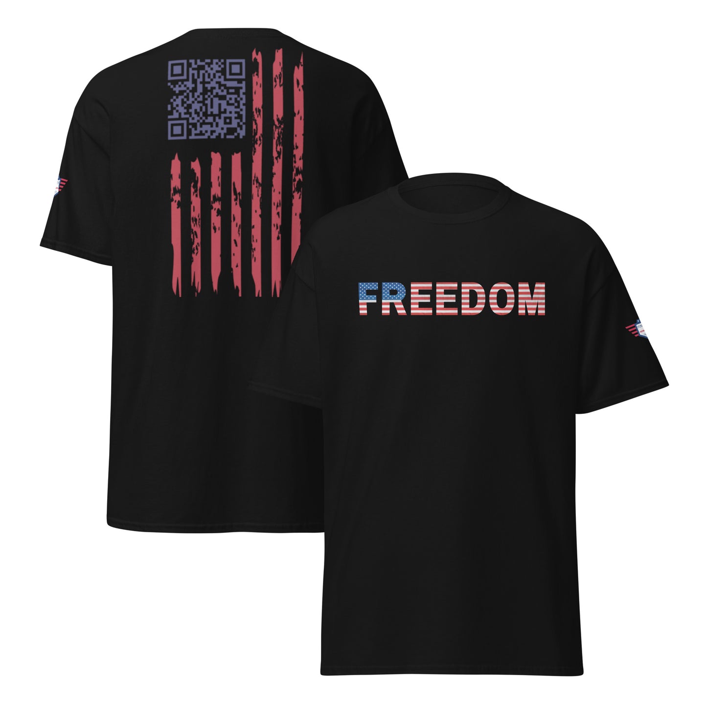Black unisex tee flat lay, front bold multicolored "FREEDOM", back distressed US flag with purple QR code
