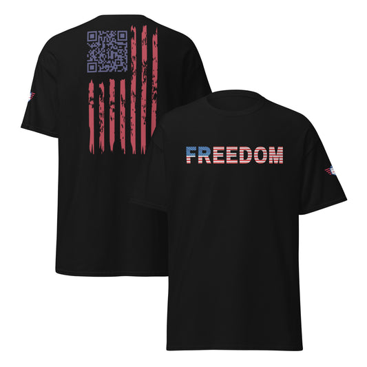 Black unisex tee flat lay, front bold multicolored "FREEDOM", back distressed US flag with purple QR code