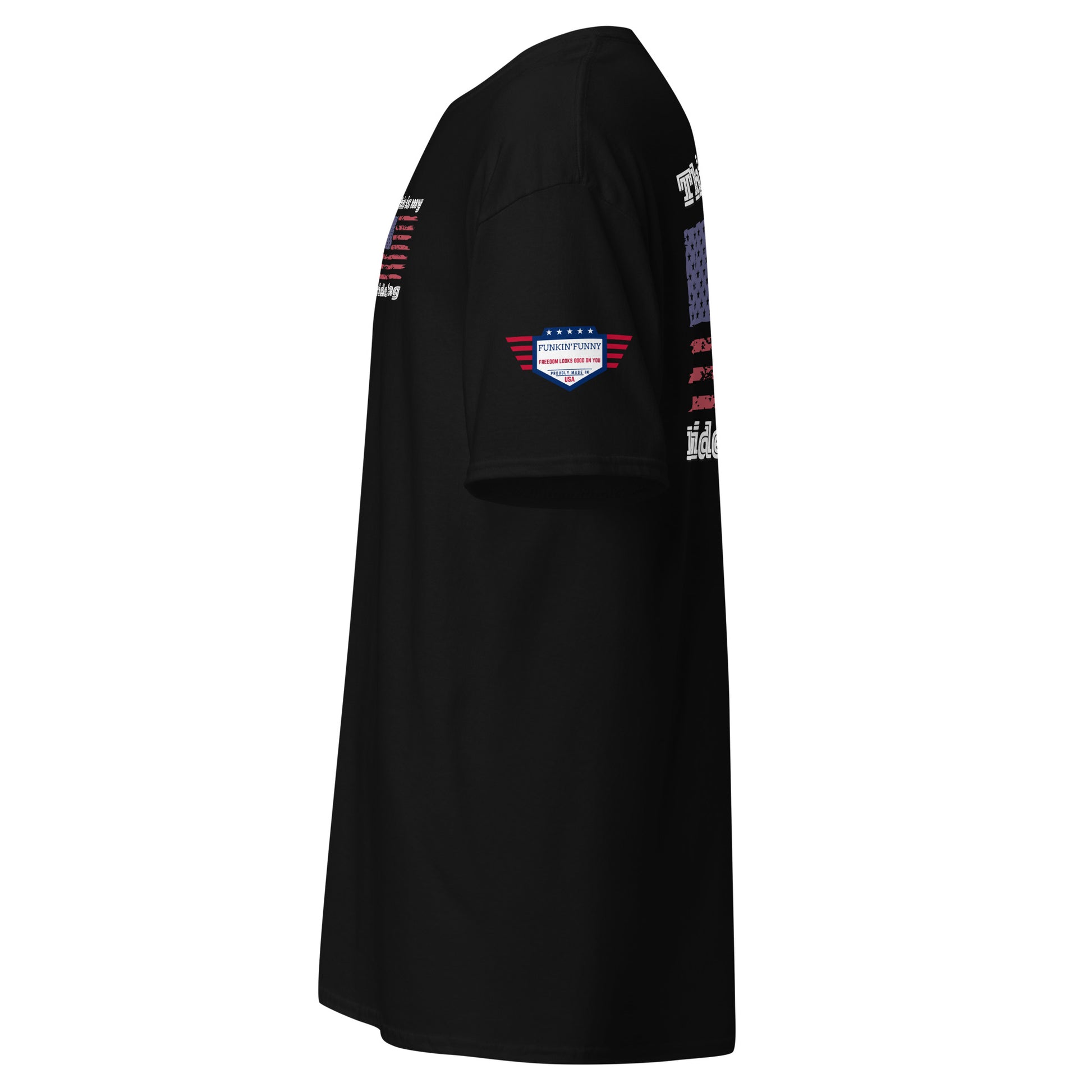 Right side view of black unisex t-shirt showing Gildan Heavy Cotton sleeve label