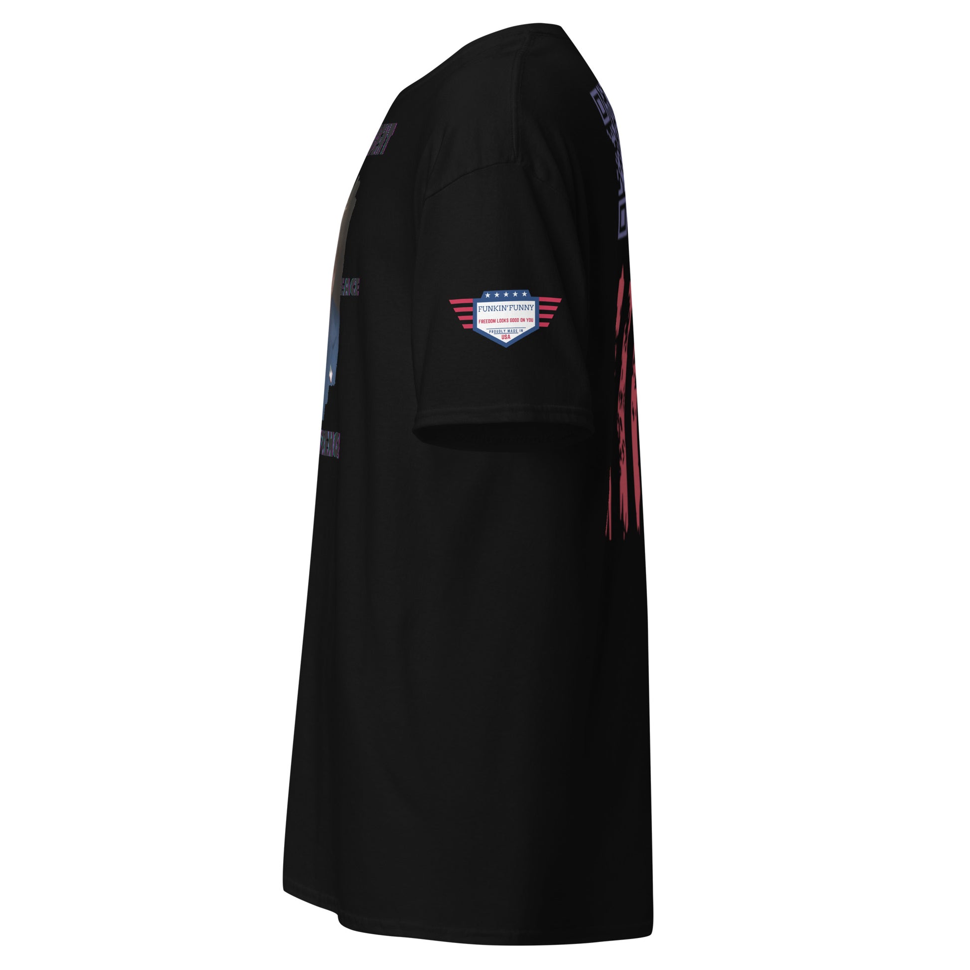 Right side view of black t-shirt revealing partial front design and US flag shoulder patch