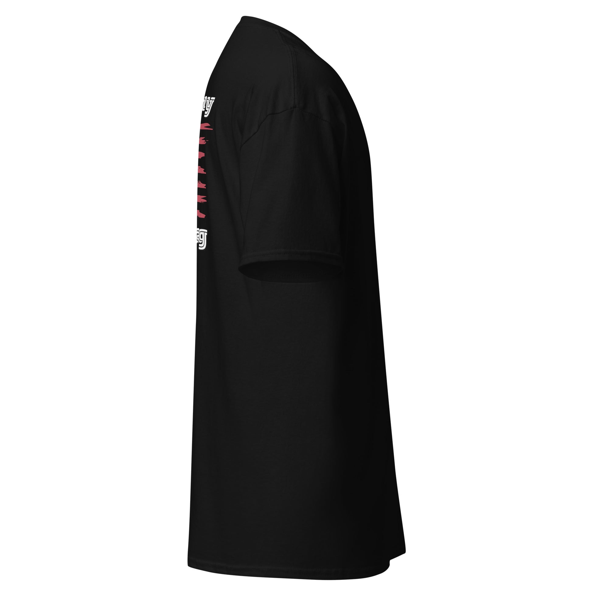 Left side view of black t-shirt with vertical "Ultra Cotton" label on sleeve