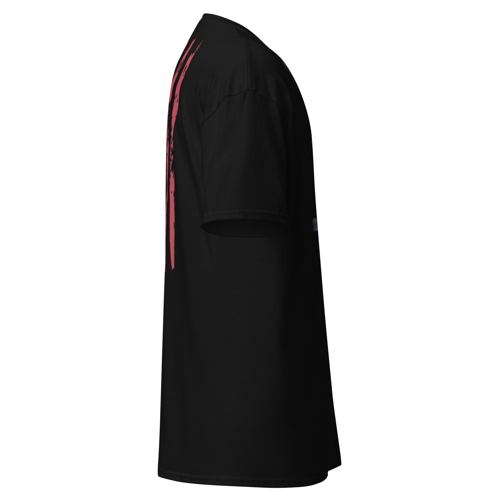 Left side view of black t-shirt with subtle red flag stripe accents on sleeve