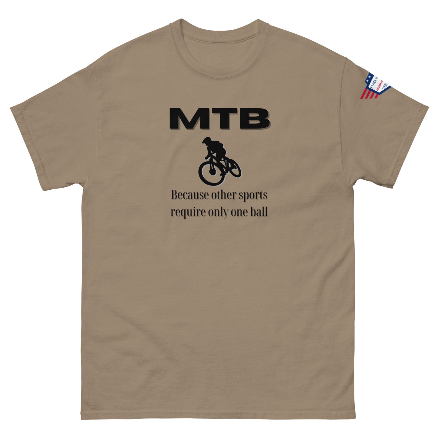 Front view of beige unisex tee with black "MTB Because other sports require only one ball" meme print, biker silhouette, USA flag sleeve patch