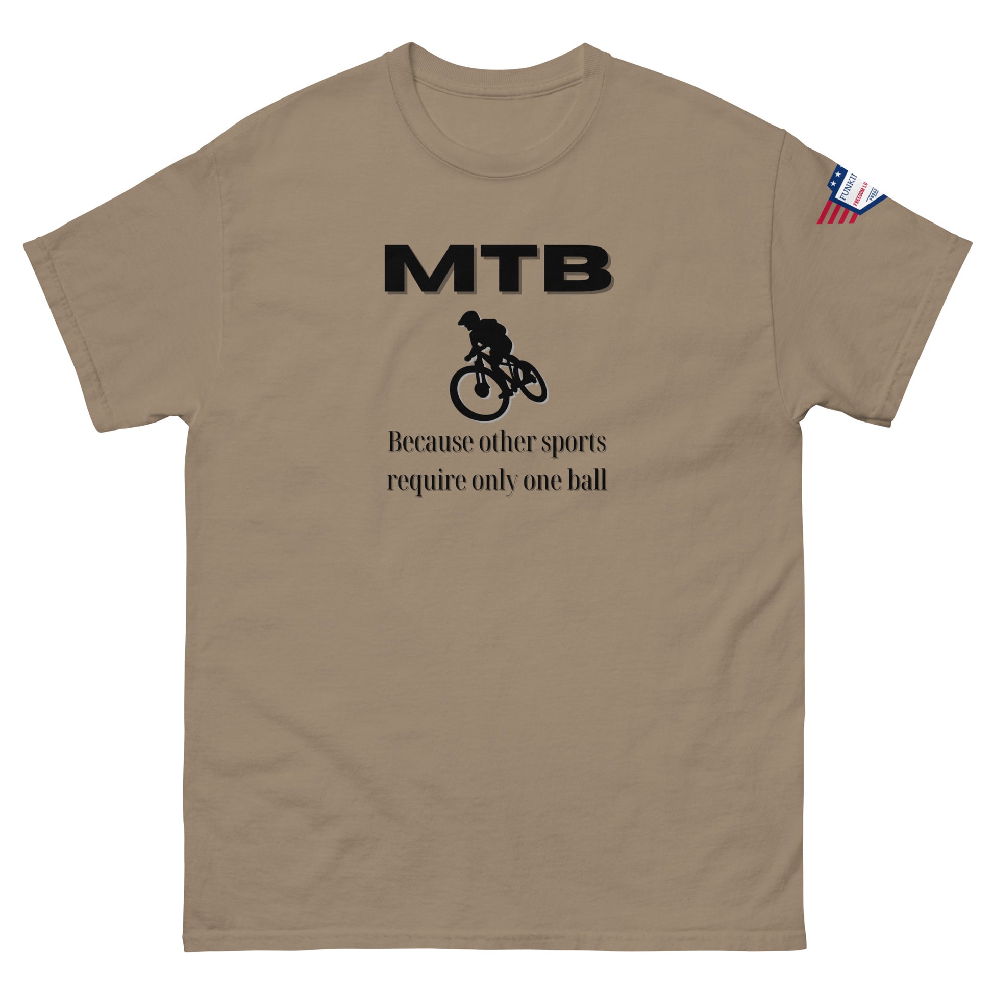 Front view of beige unisex tee with black "MTB Because other sports require only one ball" meme print, biker silhouette, USA flag sleeve patch